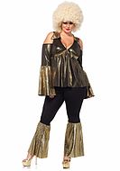 70-tals disco-diva, maskeraddräkt med topp och byxor, cold shoulder, utsvängda ärmar och gyllne skimmer